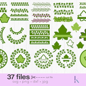 Puede incluir: Un conjunto de 37 archivos digitales con diseños de hojas de hiedra verdes. Los diseños incluyen coronas, bordes, esquinas y hojas individuales. Los archivos están disponibles en formatos SVG, PNG, DXF y JPG.