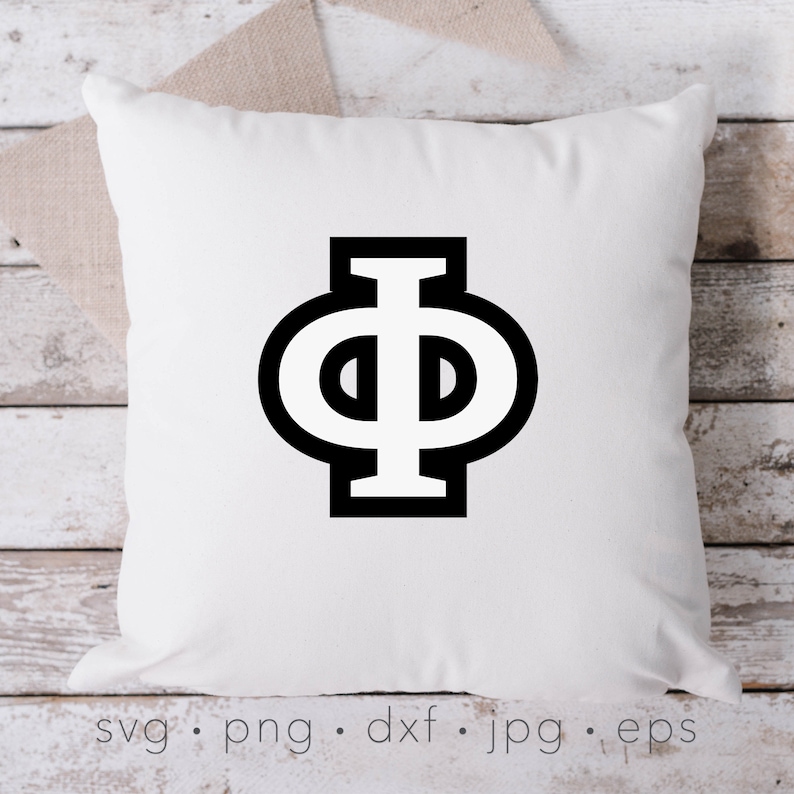 May include: A white pillow with a black outline of the Greek letter Phi, with a vertical line in the center.