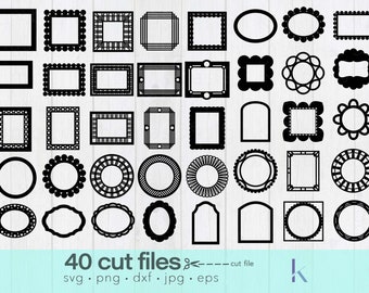 Peut inclure: Une collection de 40 fichiers de découpe noirs présentant diverses formes de cadres, notamment des carrés, des rectangles, des ovales et des cercles. L'image comprend le texte "40 cut files" et les extensions de fichiers : SVG, PNG, DXF, JPG et EPS.