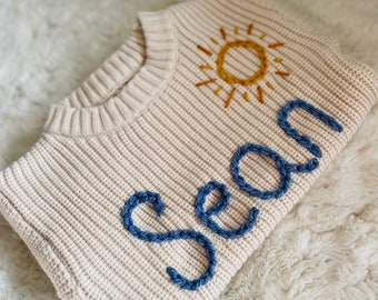 Personalized Baby Name Jumper | Hand Embroidered Knit Jumper | Newborn, Toddler, Child Gift | New Baby Gift | Baby Boy Girl Jumper | Sun