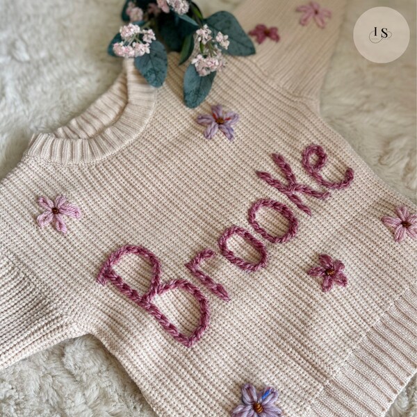 Personalized Baby Name Jumper | Hand Embroidered Knit Jumper | Newborn, Toddler, Child Gift | New Baby Gift | Baby Girl Jumper | flowers