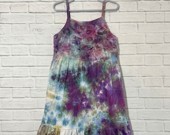Ice Dye Tie-Dyed Kids Dress: Handmade Crochet Top, Adjustable Straps