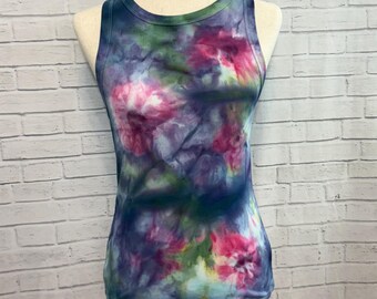 Abstract Floral Ice Dye Ribbed Tank Top, Colorful Tie Dye