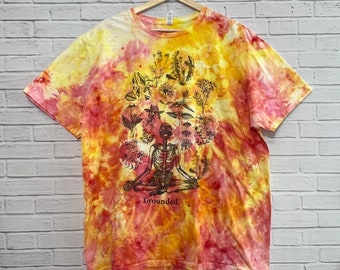 Meditating Skeleton Ice Dye Graphic T-shirt, Unisex XL, Tie Dye