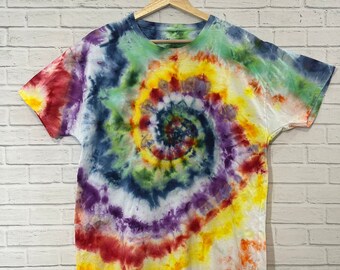 Rainbow Spiral Pride T-shirt, Tie and Ice Dyed, One of a Kind,