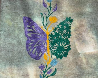 Hand Painted Ice Dyed Canvas Tote, Metallic Glittery Butterfly Floral