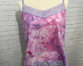 Ice Dyed Lace Tank Top: Pink Purple Marble, Upcycled XL Shirt