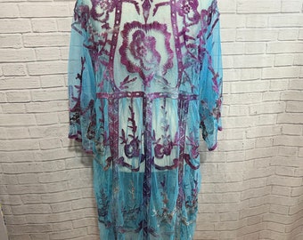 Ice Dyed Boho Lace Kimono Jacket Topper, Purple and Blue, One Size
