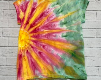 Ice Dyed Floral Girls T-shirt: Pink, Yellow & Teal Sunburst Tie Dye