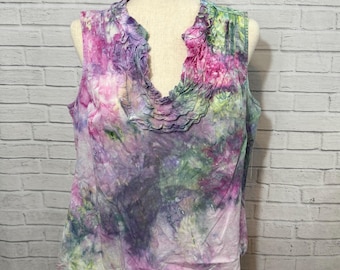 Ice Dyed Upcycled Ruffled Sleeveless Blouse Spring Pastels Large Petite