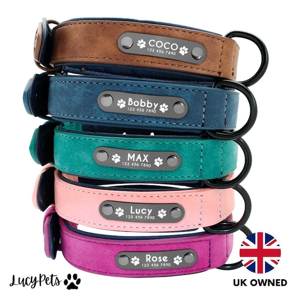 Personalisiertes Leder Hundehalsband mit Namen, gravierte Hundehalsbänder, individuelles Hundehalsband UK, Hundehalsband braun rosa blau grün lila