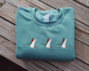 Flying Ducks Embroidered Crewneck Sweatshirt, Embroidered Mallards Sweatshirt, Embroidered Bird Lover Sweatshirt, Gift for Bird Watchers