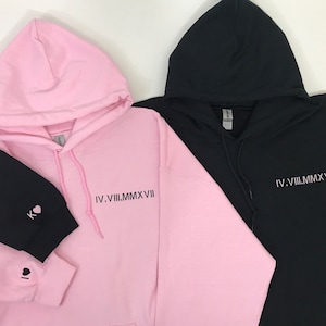 Custom Roman Numeral Embroidered Hoodie, Anniversary Gift for Him or Her, Embroidered Date + Initial and Heart on Sleeve Sweatshirt