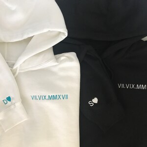 Custom Roman Numeral Embroidered Hoodie, Anniversary Gift for Him or Her, Embroidered Date + Initial and Heart on Sleeve Sweatshirt