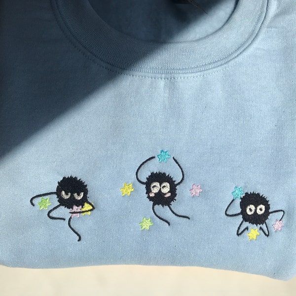 Kawaii Soot Sprite Embroidered Crewneck Sweatshirt, Anime Lover Gift, Y2K Pastel Aesthetic, Otaku Anime Yume Sweatshirt, Anime Streetwear
