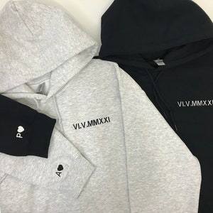 Custom Roman Numeral Embroidered Hoodie, Anniversary Gift for Him or Her, Embroidered Date + Initial and Heart on Sleeve Sweatshirt