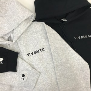 Custom Roman Numeral Embroidered Hoodie, Anniversary Gift for Him or Her, Embroidered Date + Initial and Heart on Sleeve Sweatshirt