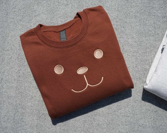 Cute Embroidered Teddy Bear Sweatshirt, Cute Embroidered Teddy Bear Face Crewneck Sweatshirt, Kawaii Bear Sweater, Cute Gift for Girl