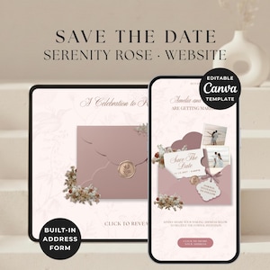Cyfrowy szablon zaproszenia Save the Date w kolorze różowego złota z miękkim RSVP, pasteloworóżowa strona internetowa Save the Date, edytowalny projekt Canva (do pobrania)