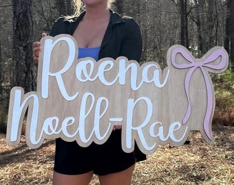 Personalized Girl Nursery Name Sign with Bow | Custom Wooden Baby Name Sign | Bow Nursery Decor | Baby Girl Wall Sign | Pink Nursery Name |