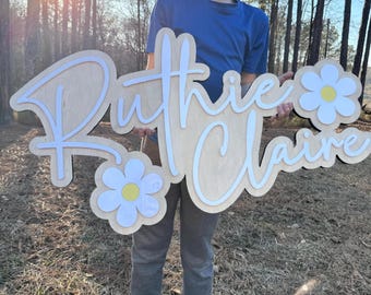 Large Name Sign| Baby Girl Room Decor | Personalized Daisy Name Sign | Custom Wooden Name Sign | Nursery Wall Decor | Girls Room Name Sign |