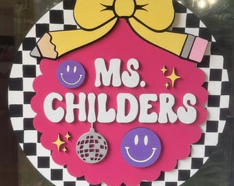 Personalized Teacher Door Hanger | Custom Classroom Door Sign | Retro Teacher Decor | Back to School Classroom Sign | Teacher Name Sign |