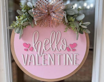 Hello Valentine Door Hanger | Valentine’s Day Front Door Decor | Pink Heart Door Sign | Valentine Wreath Alternative