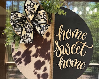 Western Cowhide Door Hanger| Western Door Hanger| Rustic Door Hanger| Home Sweet Home| Farmhouse Sign | Year Round Front Door Decor