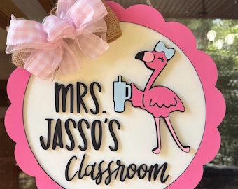 Personalized Flamingo Teacher Door Hanger | Custom Classroom Door Sign | Teacher Name Sign | Back to School Decor