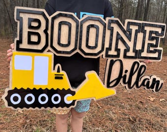 Large Name Sign|Personalized Construction Name Sign | Bulldozer Nursery Wall Decor | Custom Wood Kids Room Sign | Construction Nursery Decor