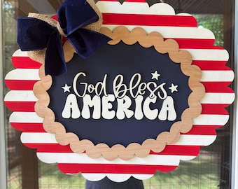 God Bless America Door Hanger | Patriotic Front Door Decor | 4th of July Sign | Red White Blue Porch Decor | Summer Porch Decor|