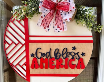Patriotic Door Hanger | God Bless America Sign | 4th of July Door Decor  | Red White Blue Front Door Sign | Summer Porch Decor