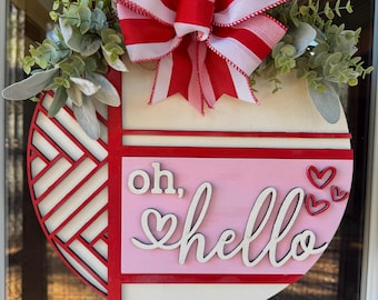Valentine Door Hanger | Oh Hello Valentine Sign | Heart Front Door Decor | Valentine’s Day Decor | Pink & Red Boho Door Hanger