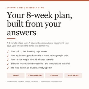 Custom Workout Plan Personalized 8 Week Strength Program | Built From Your Intake Form | Gym Dumbbell or Bodyweight | PDF + Tracker