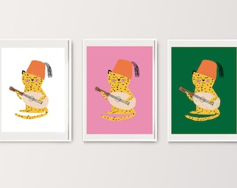 Gallery Wall Set Of 3 Prints, Cat Playing Oud, Arabic Poster, Middle Eastern Art, Gallery Wall Art, Set of 3 Bundle, Arab Decor,