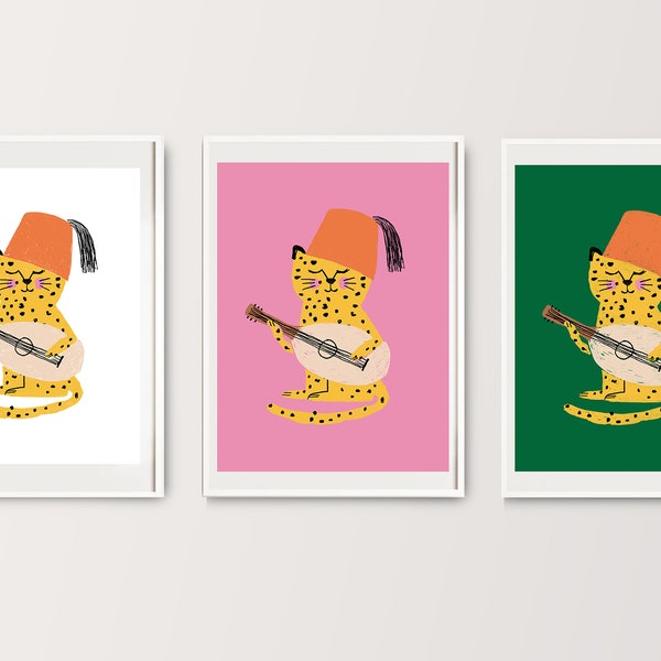 Gallery Wall Set Of 3 Prints, Cat Playing Oud, Arabic Poster, Middle Eastern Art, Gallery Wall Art, Set of 3 Bundle, Arab Decor,