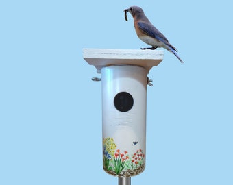 Bluebird Bird House, Floral HAND PAINTED, Lasts a Lifetime, PVC, Handmade, Exceptional Ventilation, Nest Box
