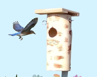 Bluebird Bird House, Wood-look HAND PAINTED, Lasts a Lifetime, PVC, Handmade, Exceptional Ventilation, Nest Box