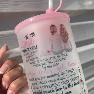 Personalized Friend Mug, Frosted Glass Coffee Cup with Lid & Straw image 1