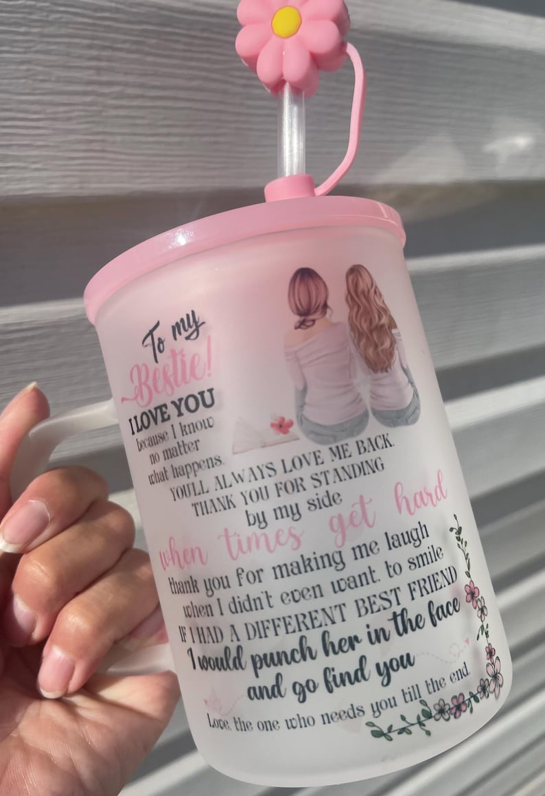Personalized Friend Mug, Frosted Glass Coffee Cup with Lid & Straw image 1