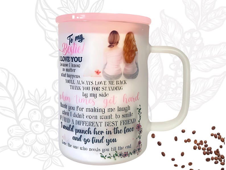 Personalized Friend Mug, Frosted Glass Coffee Cup with Lid & Straw image 2
