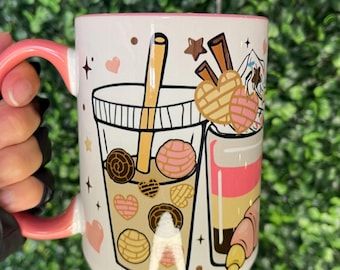 Pink 15oz cafecito y chisme Ceramic mug.