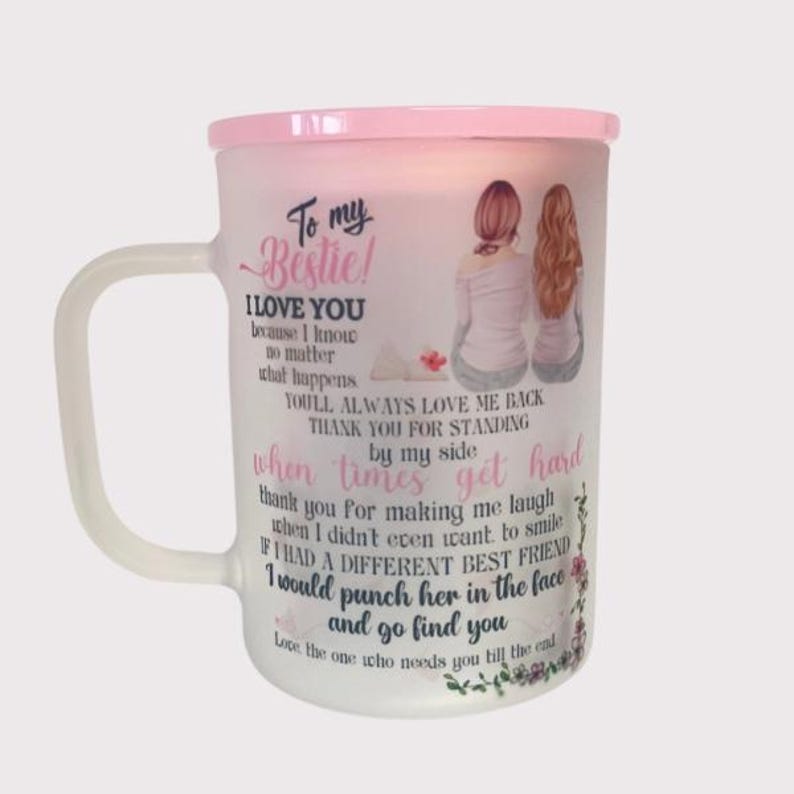 Personalized Friend Mug, Frosted Glass Coffee Cup with Lid & Straw image 5