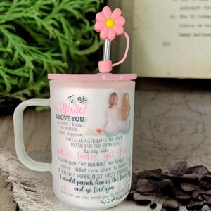Personalized Friend Mug, Frosted Glass Coffee Cup with Lid & Straw image 4