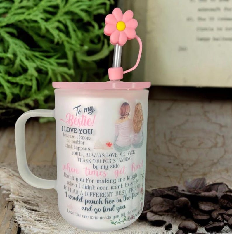 Personalized Friend Mug, Frosted Glass Coffee Cup with Lid & Straw image 4