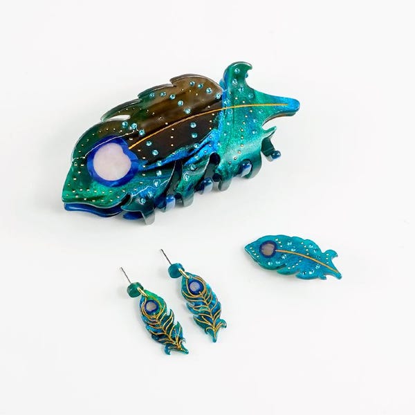 Rhinestone Peacock Feather Hair Claw, Acetate Clip Earring Set