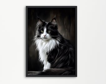 Tuxedo Cat, Black Cat, Cat Art Print, Pretty Cat Painting Gift, Gift for Cat Lovers, Cat Mom Gift, Cat Dad Gift, Instant Digital Download