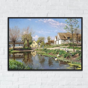 Country Farm Painting | Light Academia | Vintage Farmhouse Wall Decor | Cottagecore | Ducks | Country Landscape | Instant Digital Download