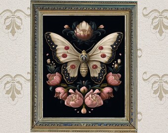 Botanical Moth | Dark Academia | Floral Art | Dark Cottagecore | Witchy Decor & Gift | Vintage | Moody Gothic Art | Instant Digital Download