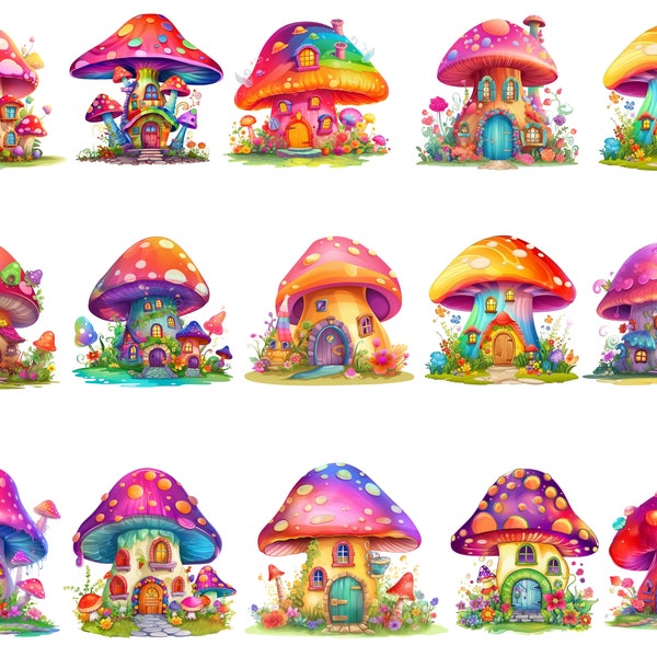 Mushroom House Clipart, Fairy Mushroom, Cute Mushroom, Magic Mushroom, 15 Colorful Mushrooms, Commercial Use, Instant Digital Download, PNG